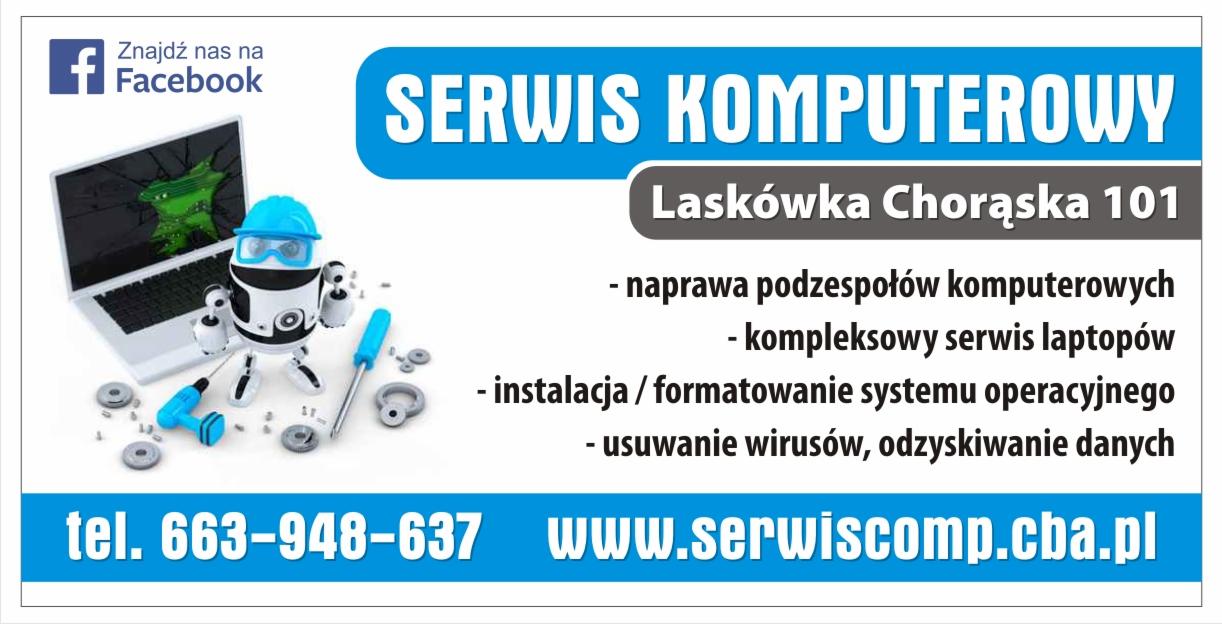 Grafika reklamowa serwisu komputerowego z robotem-mechanikiem, uszkodzonym laptopem i narzędziami. Naprawa podzespołów, serwis laptopów, instalacja systemów, odzyskiwanie danych.