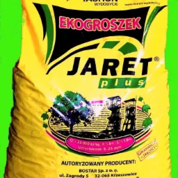 Żółty worek ekogroszku Jaret Plus z logotypami Tauron Wydobycie i Bostar, prezentujący parametry jakościowe i gwarancję.