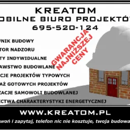 Grafika reklamowa biura projektów KREATOM prezentująca budynek z cegły, na którym umieszczony jest biały kask budowlany, obok wypisane usługi: kierownik budowy, inspektor nadzoru, projekty...