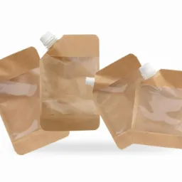 Cztery stojące, brązowe doypacki z przezroczystym okienkiem i białym korkiem na białym tle.