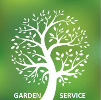 Stylizowana grafika białego drzewa na zielonym tle, z napisem 'GARDEN SERVICE' poniżej. Minimalistyczny design, sugerujący usługi ogrodnicze.