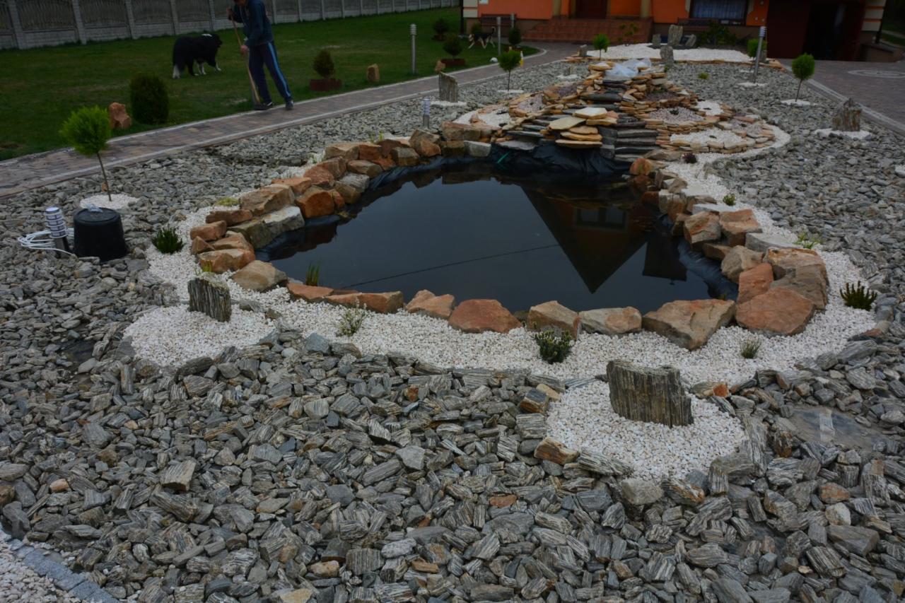 Oczko wodne z kamienną kaskadą, obłożone różnej wielkości kamieniami i żwirem. W tle trawnik i ogrodzenie, po lewej widoczna osoba z psem.