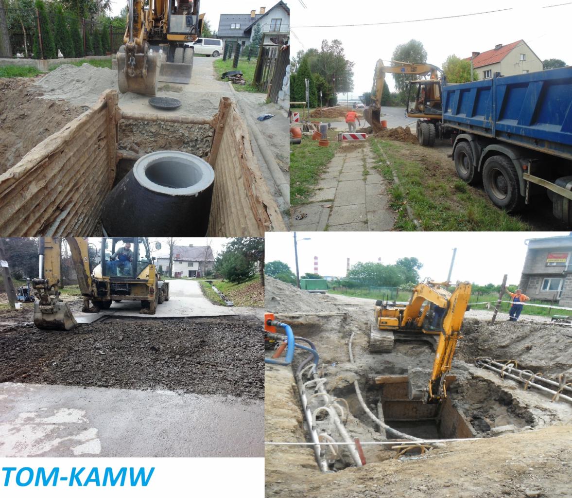 Kompozycja czterech ujęć z prac ziemnych: wykop z zabezpieczeniami i betonową rurą, ciężarówka wywożąca urobek, wyrównywanie terenu i wykop z rurami w ziemi, sprzęt budowlany w tle.