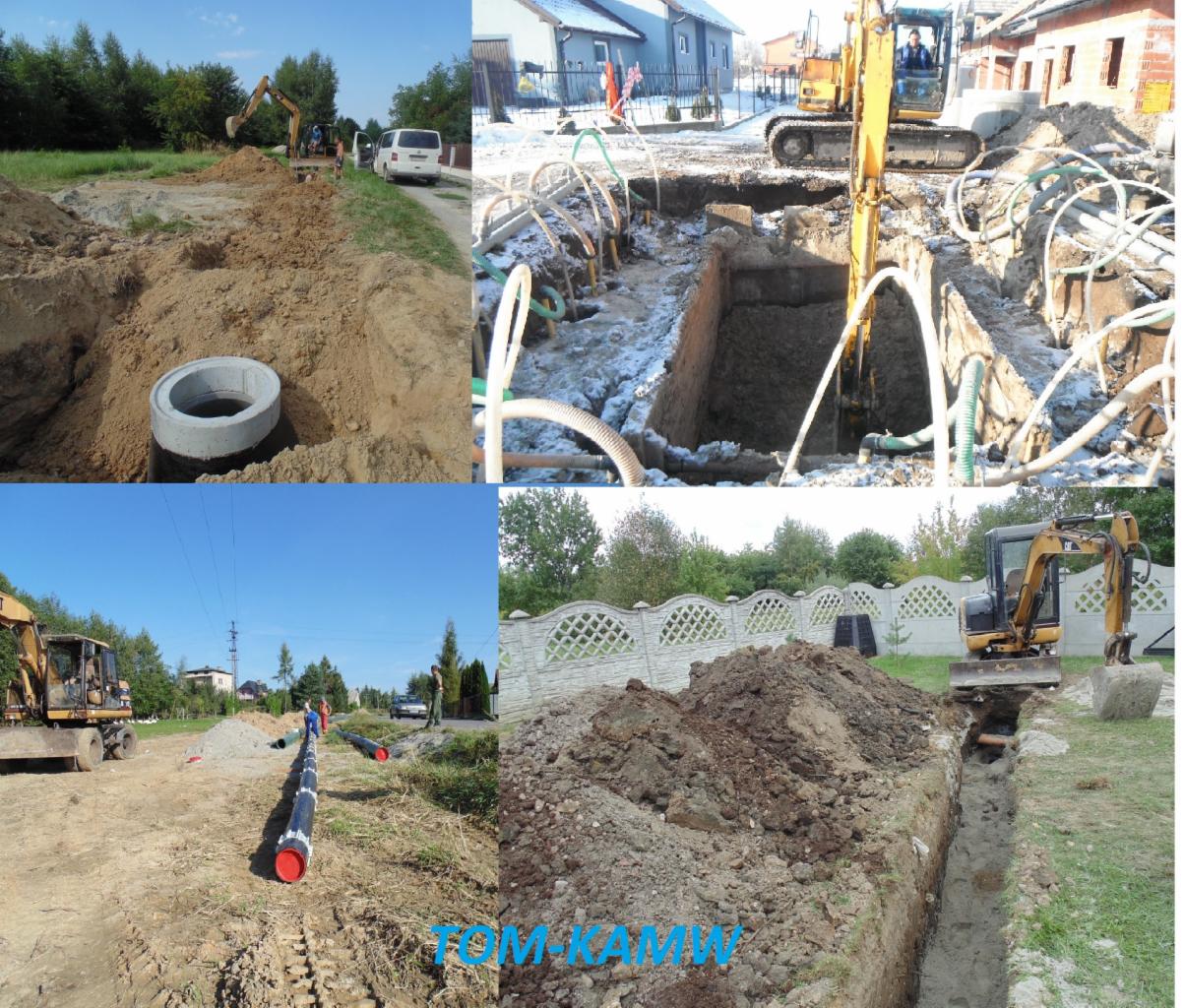 Kompozycja zdjęć przedstawiająca różne etapy prac ziemnych: wykop pod fundamenty z widoczną maszyną, rury wodociągowe ułożone wzdłuż wykopu, studzienka betonowa w wykopie oraz wykop z systemem...