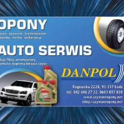 Reklama auto serwisu Danpol z Łodzi oferującego opony nowe i używane, oleje, filtry, amortyzatory, hamulce i naprawy bieżące, z adresem i numerami telefonów.