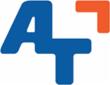 Niebieski logotyp A-T z pomarańczowym elementem graficznym w prawym górnym rogu.