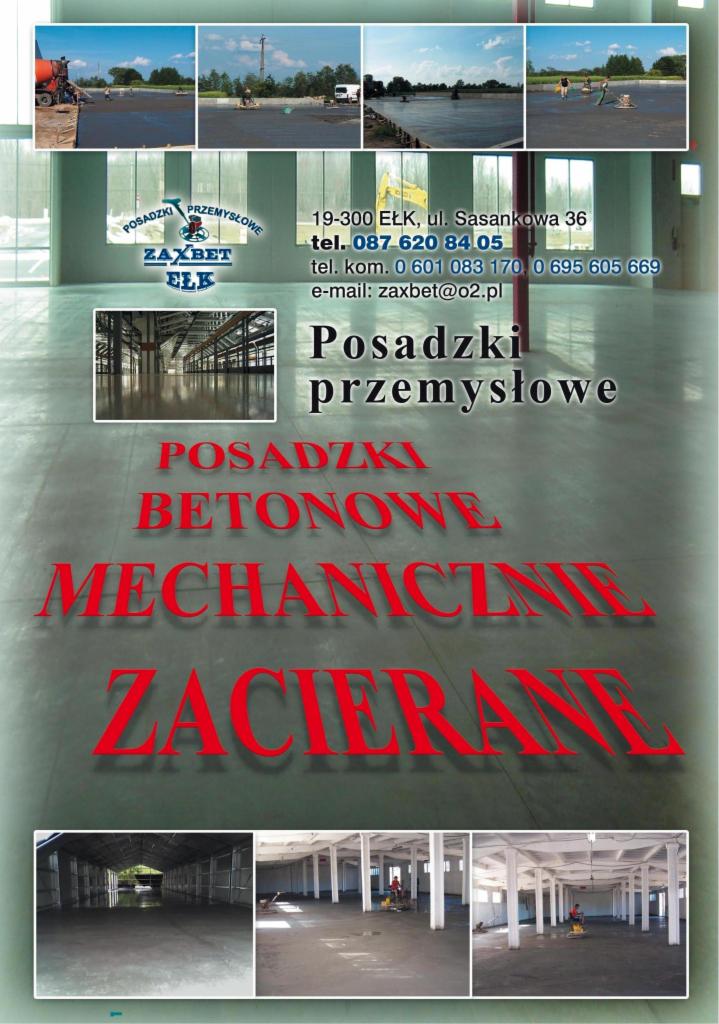 Plakat firmy Zaxbet Ełk z realizacjami posadzek przemysłowych, adresem i hasłem 'Posadzki betonowe mechanicznie zacierane' na tle zdjęcia wylewki.