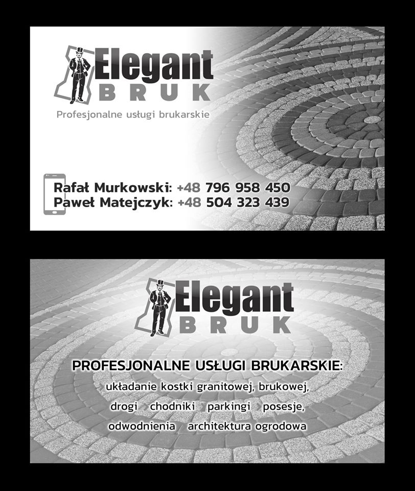 Wizytówka firmy Elegant Bruk prezentująca logo z sylwetką eleganckiego mężczyzny oraz wzór ułożonej kostki brukowej w tle, zawiera dane kontaktowe i zakres usług brukarskich.