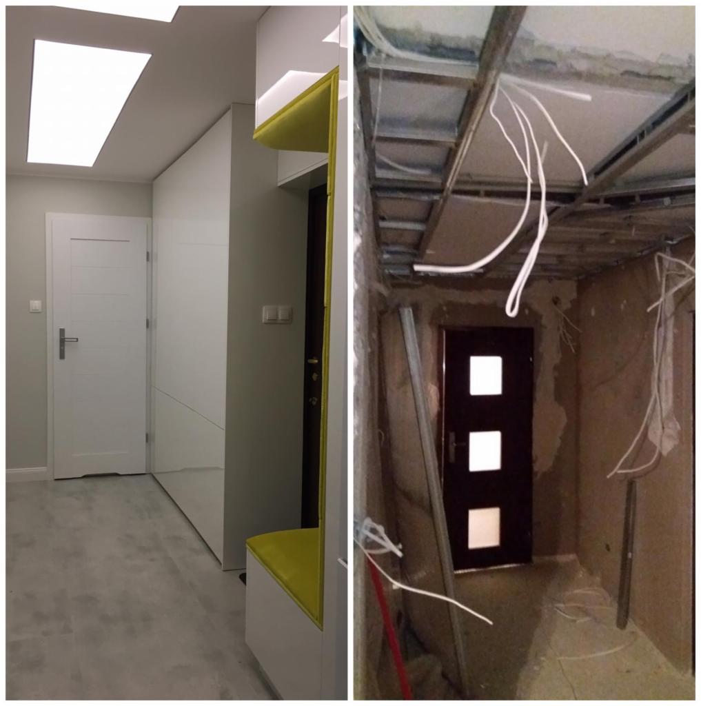 Przedpokój: po lewej stronie wykończone wnętrze z białą szafą, drzwiami i żółtą ławką, po prawej surowy stan z widoczną instalacją elektryczną i niedokończonym sufitem.