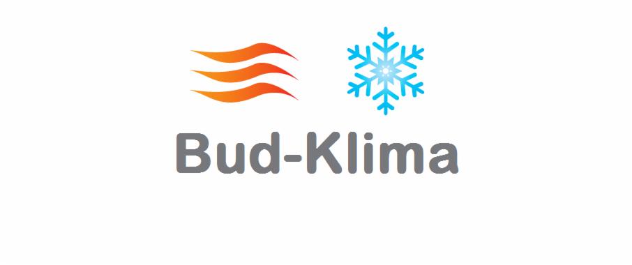 Logo firmy Bud-Klima z trzema pomarańczowymi falami symbolizującymi ciepło oraz niebieską śnieżynką symbolizującą chłód na białym tle.