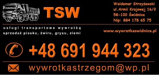 Grafika reklamowa firmy TSW oferującej usługi transportowe wywrotką, sprzedaż piasku, żwiru, grysu i ziemi. Kontakt: telefon, email, strona www.