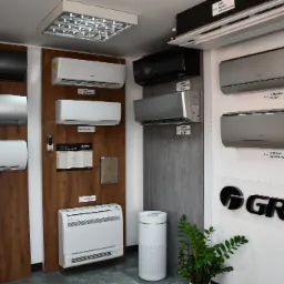 Ekspozycja różnych modeli klimatyzatorów Gree w salonie, w tym Fairy Dark, Fairy Silver, Fairy White, Lomo Luxury Plus, Pular, Amber Standard Silver i Black, U-Crown Champagne i Silver,...