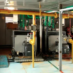 Dwa kotły grzewcze z żółtymi i zielonymi rurami w kotłowni. Widoczne liczne zawory i mierniki. Podłoga w niebieskie plamy.