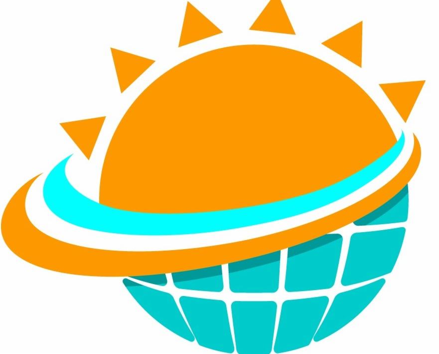 Kolorowy, abstrakcyjny logotyp: pomarańczowe słońce z promieniami nad błękitną kulą ziemską otoczoną orbitą. Grafika w jasnych, żywych barwach na białym tle.