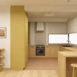 Wizualizacja kuchni w Gdańsku w ciepłych odcieniach drewna i żółci, z nowoczesnymi stołkami barowymi przy wyspie i roślinami w doniczkach na półkach.