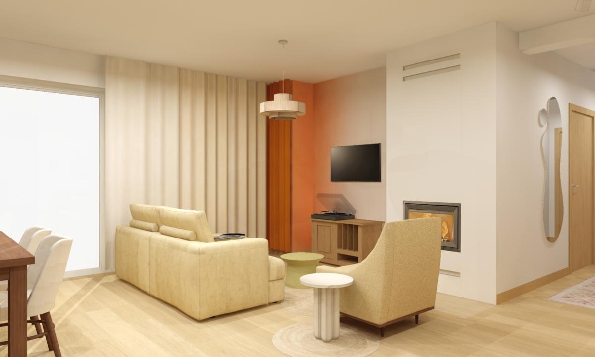 Wizualizacja salonu z beżową sofą, fotelem i kominkiem, akcentowana pomarańczową ścianą i gramofonem na szafce RTV.