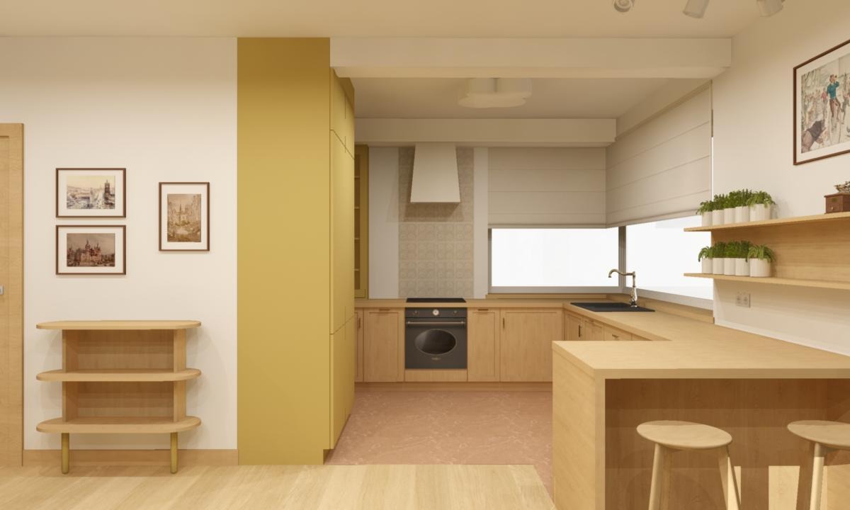 Wizualizacja kuchni w Gdańsku w ciepłych odcieniach drewna i żółci, z nowoczesnymi stołkami barowymi przy wyspie i roślinami w doniczkach na półkach.