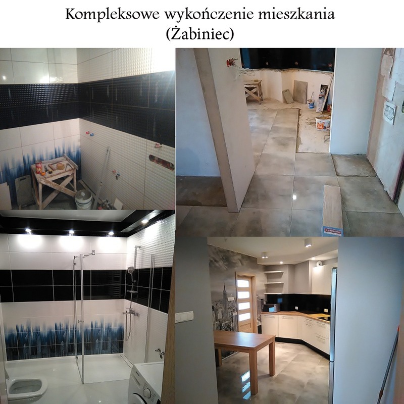 Kolaż zdjęć prezentujący etapy wykończenia mieszkania: łazienka z czarno-białymi płytkami i kabiną prysznicową, surowy stan z układanymi płytkami podłogowymi oraz kuchnia z białymi szafkami...
