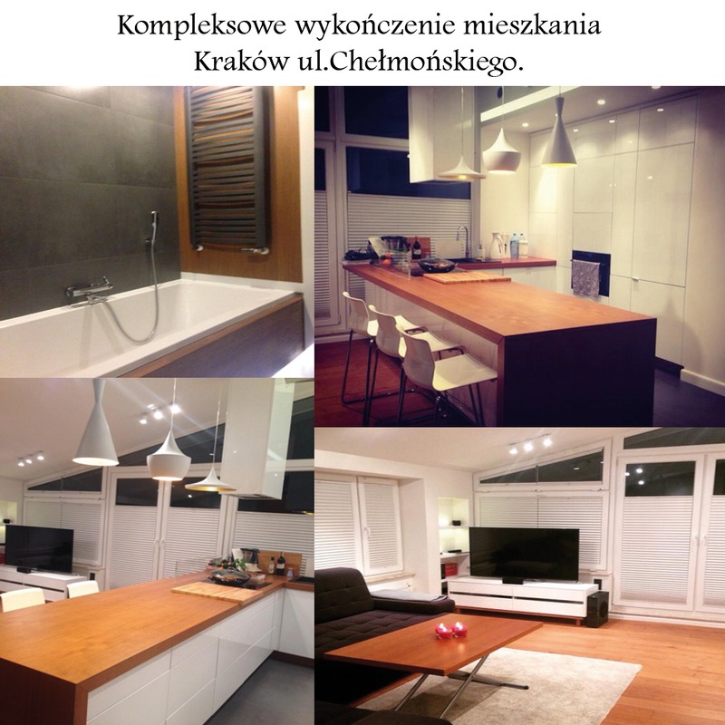 Kompozycja zdjęć przedstawiająca wykończone wnętrza mieszkania: łazienka z wanną i grzejnikiem drabinkowym, kuchnia z drewnianym blatem i białymi szafkami oraz salon z ciemną kanapą i drewnianym...