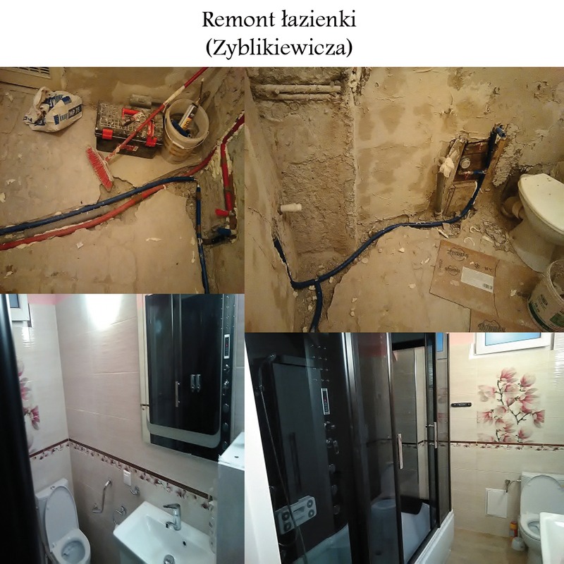 Mozaika zdjęć przedstawiająca etapy prac w łazience: stan surowy z widocznymi instalacjami wodnymi, narzędzia i materiały budowlane oraz efekt końcowy z kabiną prysznicową, umywalką i toaletą...