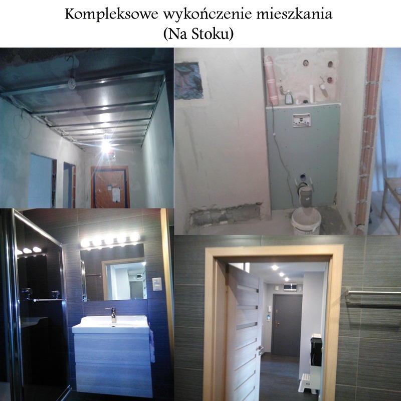 Kompleksowe wykończenie mieszkania: widok na sufit z metalową konstrukcją, przygotowania do montażu płyty karton gips, instalacja podtynkowego WC, wykończona łazienka z kabiną prysznicową...