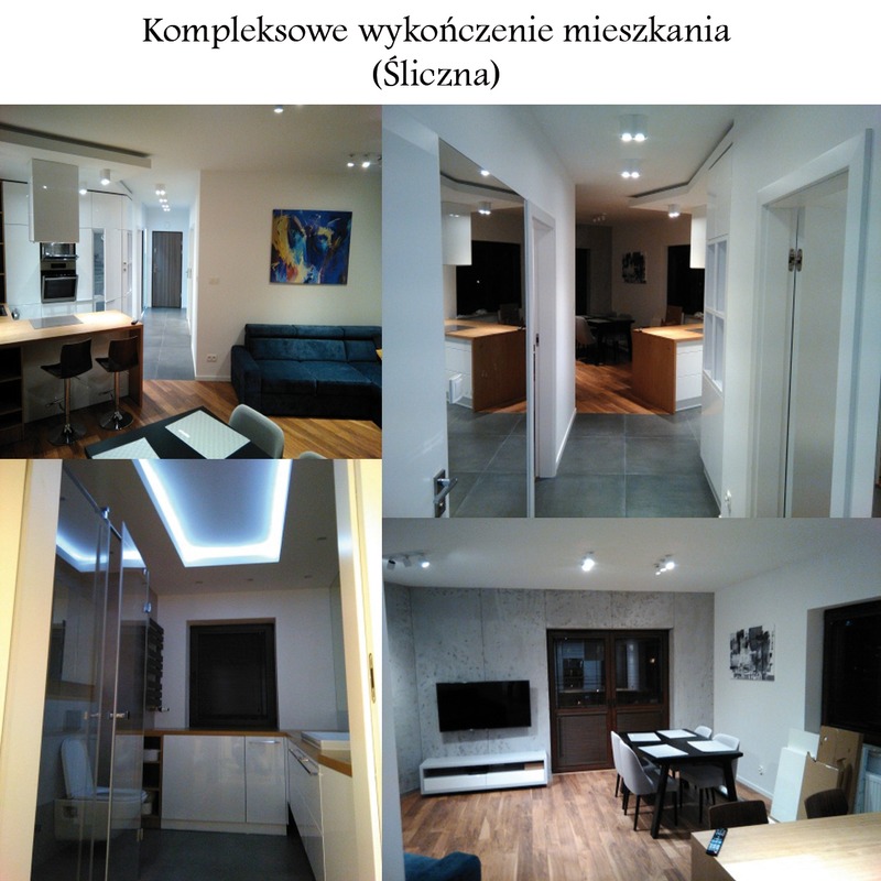 Kolaż przedstawiający wnętrza mieszkania po remoncie: salon z niebieską sofą i obrazem, korytarz z lustrem, kuchnia z podświetleniem LED i pokój z telewizorem na ścianie w stylu betonu...