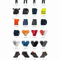 Strona internetowa prezentująca portfolio odzieży roboczej i artykułów BHP: spodnie, kurtki, koszule, kamizelki, bezrękawniki, bluzy, rękawice i buty.