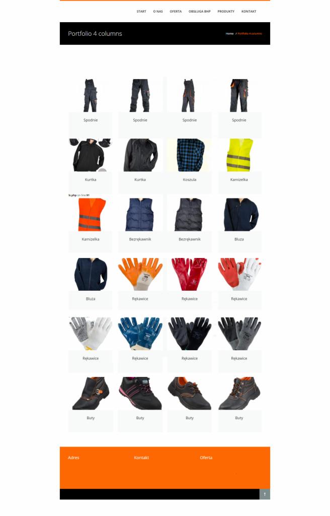 Strona internetowa prezentująca portfolio odzieży roboczej i artykułów BHP: spodnie, kurtki, koszule, kamizelki, bezrękawniki, bluzy, rękawice i buty.