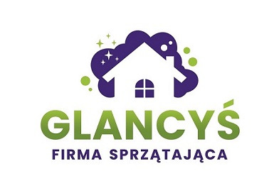 Logo firmy sprzątającej: stylizowany dom w chmurze, nazwa firmy w zieleni, dopisek 'Firma Sprzątająca'.