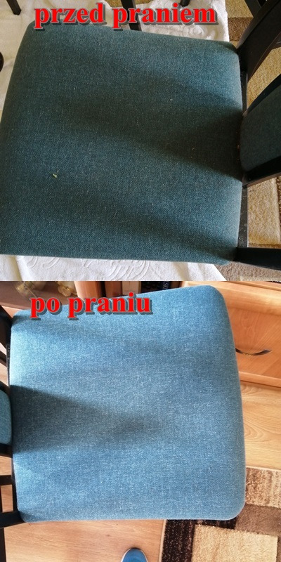 Krzesło tapicerowane podzielone na dwie części: górna pokazuje stan przed czyszczeniem, z widocznymi zabrudzeniami i ciemniejszym odcieniem, a dolna prezentuje efekt po czyszczeniu, z jaśniejszym...
