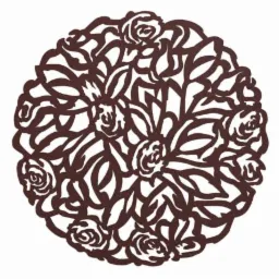 Okrągły, brązowy wzór z motywem róży i liści na białym tle. Grafika wektorowa, idealna do wykorzystania jako projekt graficzny na odzieży.