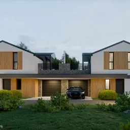 Projekt bliźniaczego domu z białymi ścianami, drewnianymi akcentami i balkonem z kamienną balustradą, zaparkowany czarny samochód na podjeździe.