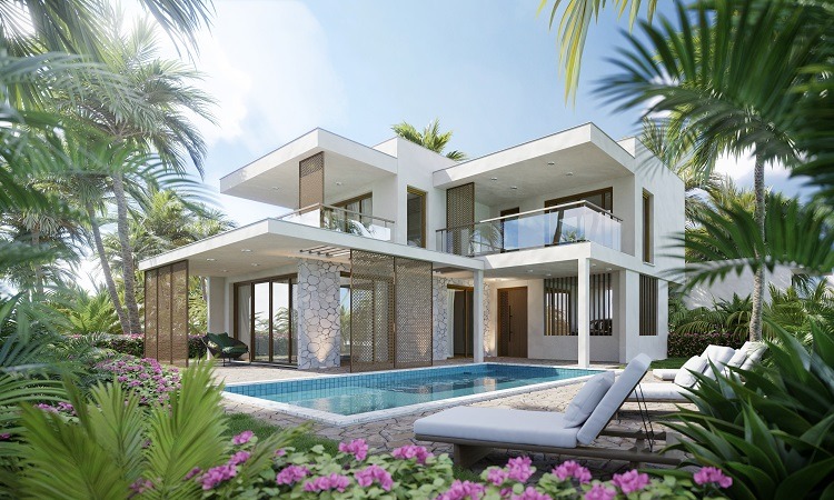 Wizualizacja nowoczesnej willi z basenem otoczonej tropikalną roślinnością, z leżakami i dekoracyjnymi parawanami.