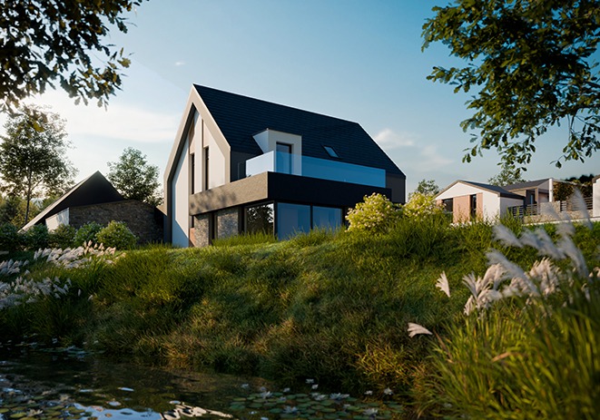 Wizualizacja nowoczesnego domu jednorodzinnego z płaskim dachem, dużymi przeszkleniami i balkonem z barierą ze szkła, otoczonego zielenią i zbiornikiem wodnym z liliami.