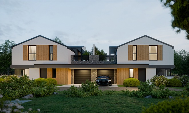Projekt bliźniaczego domu z białymi ścianami, drewnianymi akcentami i balkonem z kamienną balustradą, zaparkowany czarny samochód na podjeździe.