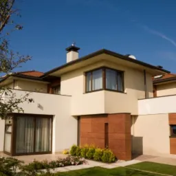 Dwukondygnacyjny dom z beżową elewacją, brązowymi ramami okiennymi i drewnianą okładziną. Widoczne starannie utrzymane trawniki i roślinność.