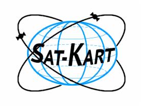 Logo SAT-KART: błękitna kula ziemska opleciona orbitami satelitów, z czarnym napisem 'SAT-KART' na białym tle. Synergia globalnego zasięgu i precyzyjnych pomiarów.