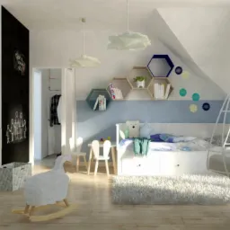 Jasny pokój dziecięcy z łóżkiem, wiszącym fotelem, regałem z zabawkami i tablicą do rysowania, akcentowany pastelowymi kolorami i drewnianym koniem na biegunach w kształcie owcy.