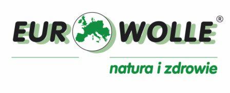 Logo firmy EUR WOLLE z zieloną mapą Europy w okręgu, hasłem 'natura i zdrowie'. Czarno-zielona kolorystyka na białym tle. Produkty tekstylne.
