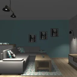 Wizualizacja salonu z szarą sofą narożną, drewnianym stolikiem i ścianą z cegły, oświetloną lampami ściennymi. Na ścianie wiszą czarno-białe zdjęcia i telewizor.