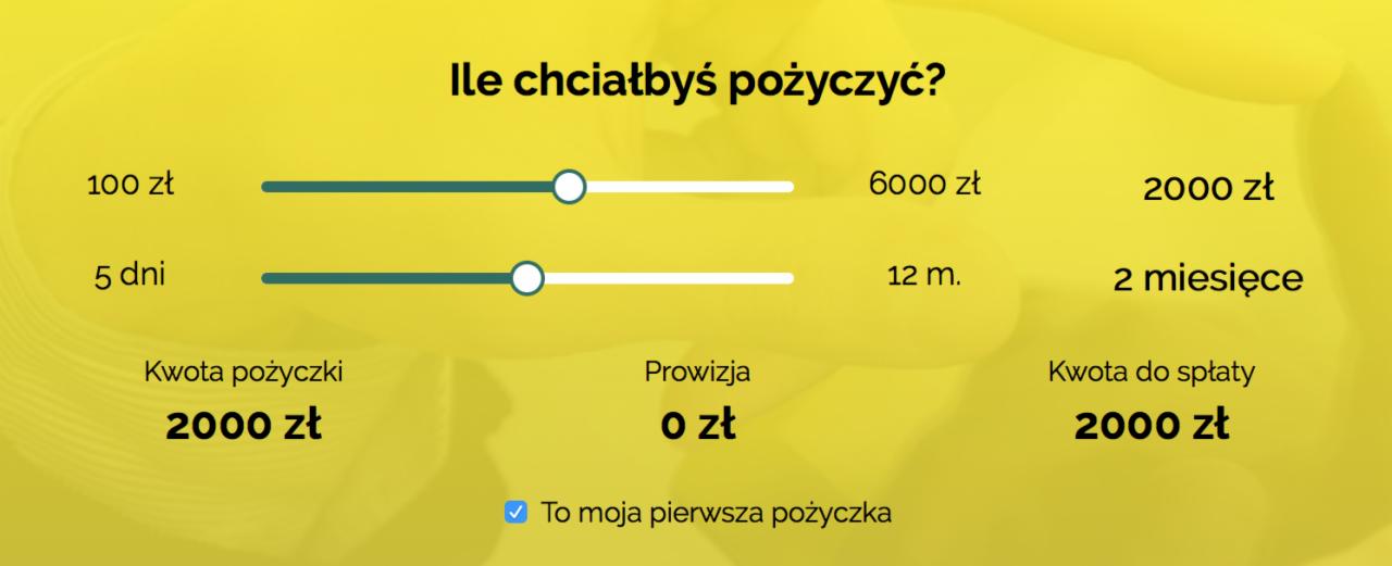 Grafika kalkulatora online: suwaki do wyboru kwoty (100-6000 zł) i czasu spłaty (5 dni-12 miesięcy). Kwota pożyczki i do spłaty: 2000 zł, prowizja 0 zł.