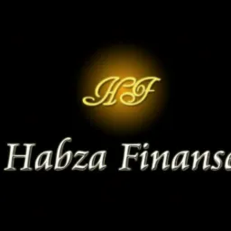 Logo firmy Habza Finanse: złote, stylizowane litery 'HF' otoczone aureolą, poniżej srebrny napis 'Habza Finanse' na czarnym tle.