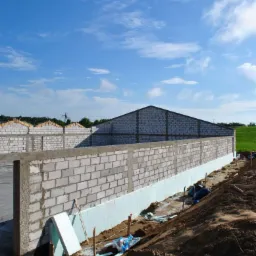 Budowa hali w trakcie wznoszenia murów z bloczków, z ociepleniem fundamentów i widocznym niebem. Prace murarskie w toku, etap budowy.