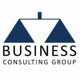 Logo firmy Business Consulting Group z symbolem wagi w kolorze granatowym.