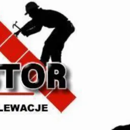 Logo firmy Castor Dachy Elewacje z sylwetkami dekarzy i motywem dachu z czerwonych dachówek. Grafika na białym tle.