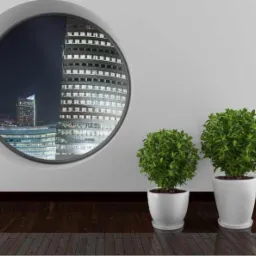 Dwa krzewy w białych doniczkach na drewnianej podłodze, okrągłe okno z widokiem na nocny krajobraz miasta z wieżowcami.