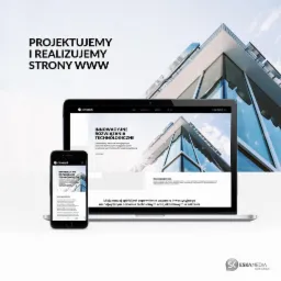 Prezentacja strony internetowej firmy z Kielc na laptopie i smartfonie z nowoczesnym budynkiem w tle, ukazująca innowacyjne rozwiązania technologiczne.