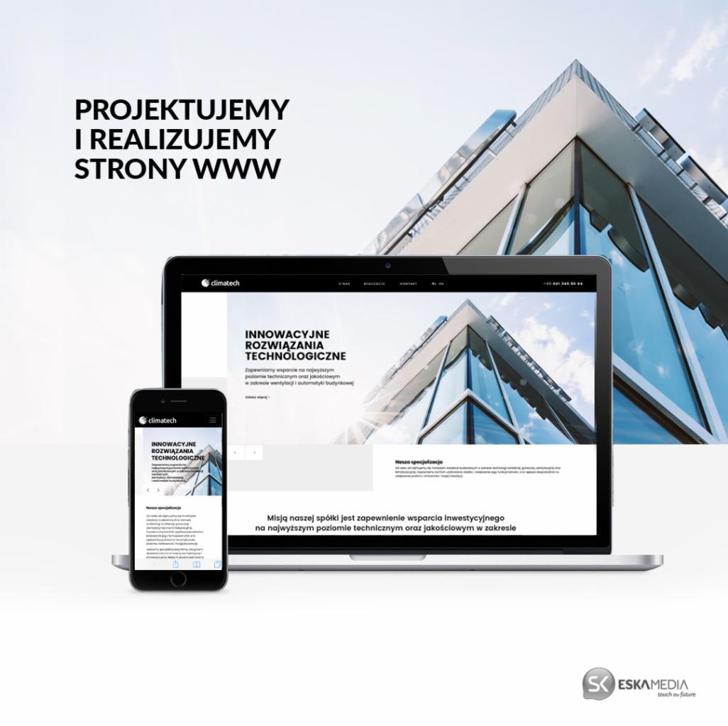 Prezentacja strony internetowej firmy z Kielc na laptopie i smartfonie z nowoczesnym budynkiem w tle, ukazująca innowacyjne rozwiązania technologiczne.