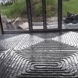 Rury systemu ogrzewania podłogowego ułożone na folii izolacyjnej z widocznymi napisami 'Airech', z oknem wychodzącym na zielony teren w tle.