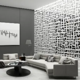 Nowoczesny salon z szarą ścianą, białym narożnikiem, okrągłym stolikiem i dekoracyjnym, ażurowym panelem działowym z geometrycznym wzorem.